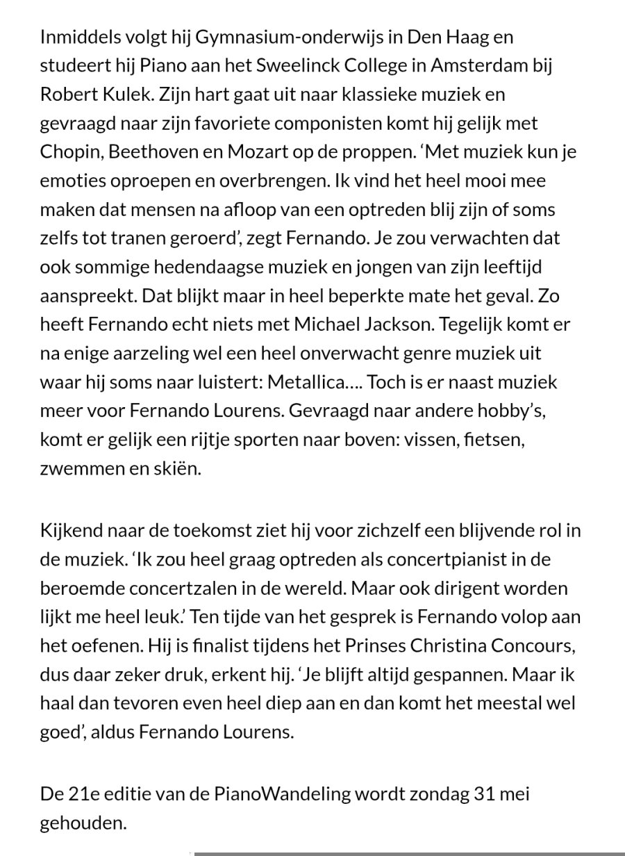 Fernando Lourens (15) speelt voor de tweede keer op PianoWandeling Edam